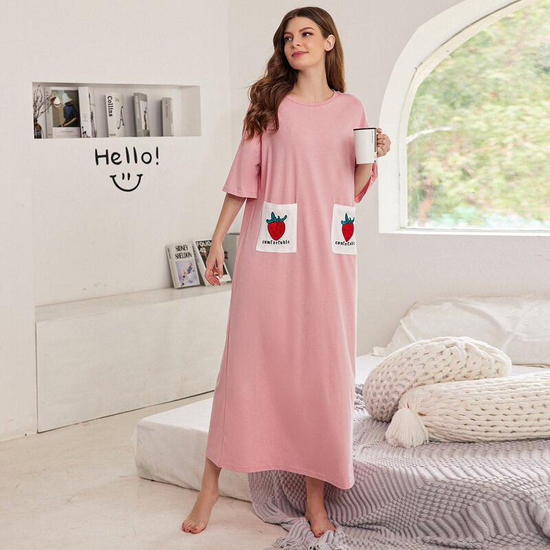 

Strawberry Embroidered Patch Pocket Sleepshirt, Pink