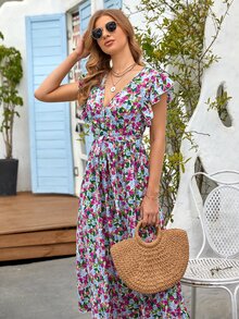 Ruffle Trim Belted Floral Print Dress - Blue - View 3
