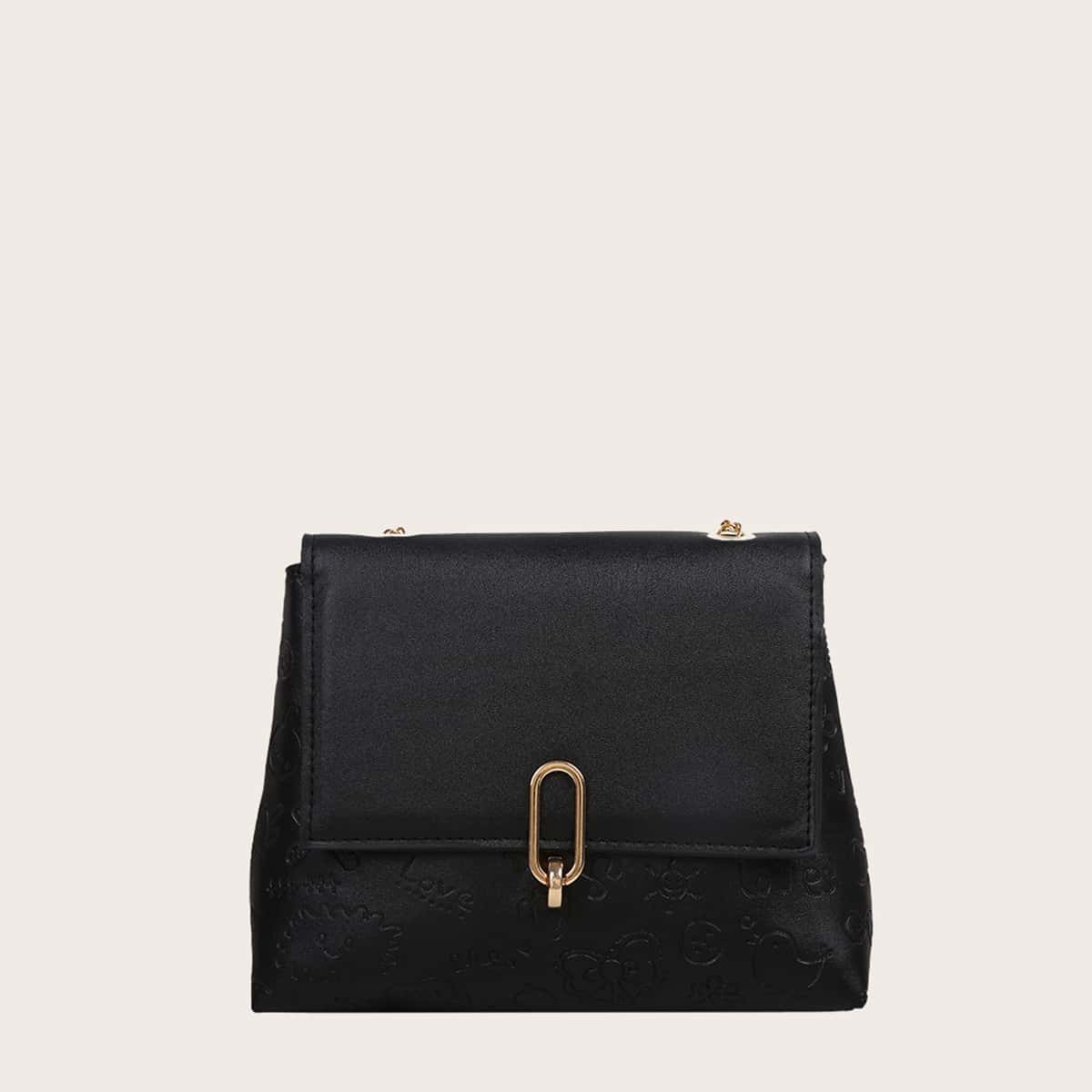 

Cartoon Embossed Chain Crossbody Bag, Black
