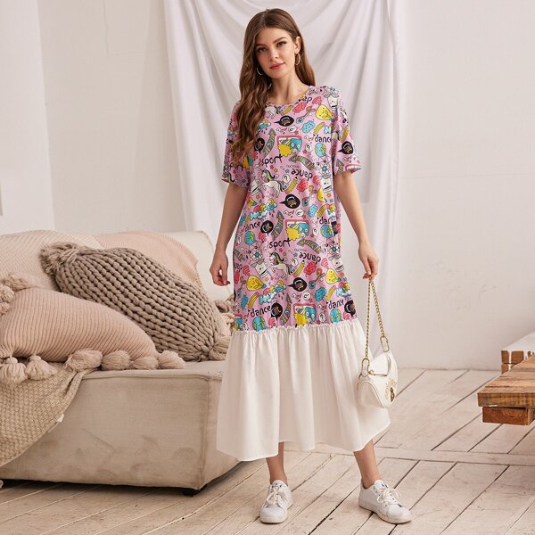

Flippy Hem Letter and Cartoon Graphic Dress, Multicolor