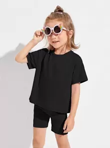SHEIN Toddler Girls Cotton Drop Shoulder Top & Cycling Shorts Set - Black - View 3