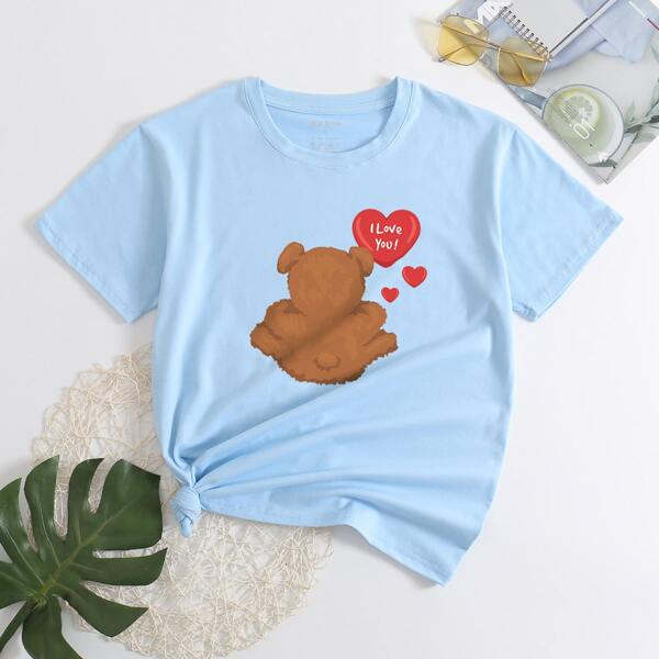

Slogan & Cartoon Graphic Tee, Baby blue