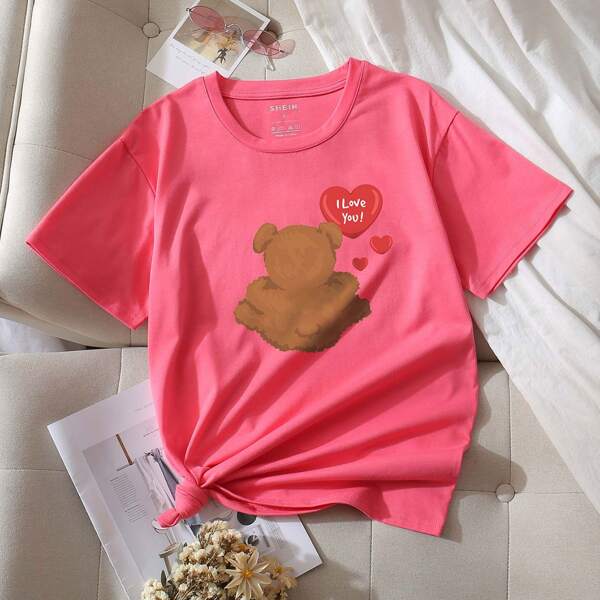 

Slogan & Cartoon Graphic Tee, Watermelon pink