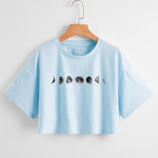 

Moon Print Drop Shoulder Tee, Baby blue