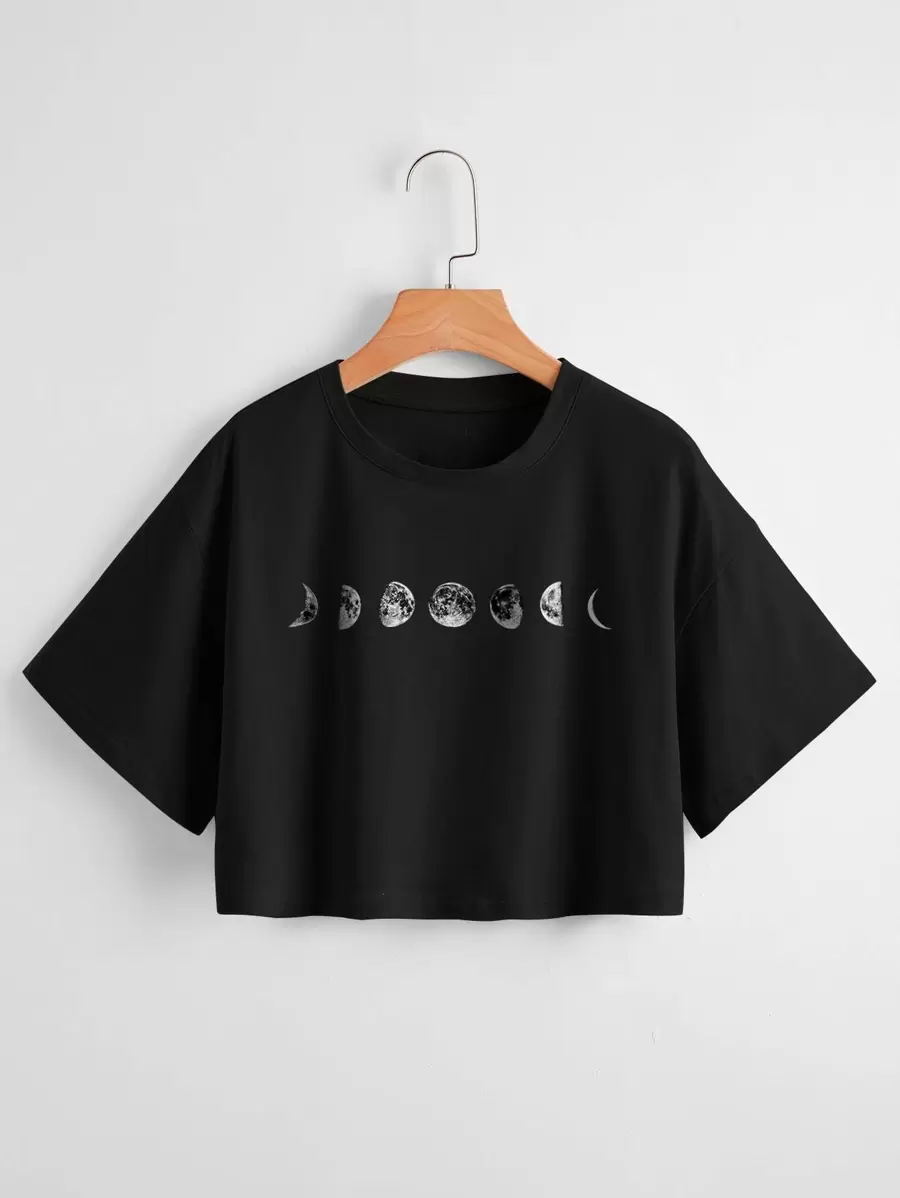 INAWLY Moon Print Drop Shoulder Tee