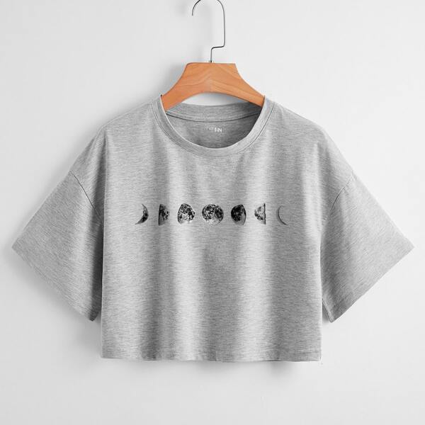 

Moon Print Drop Shoulder Tee, Grey