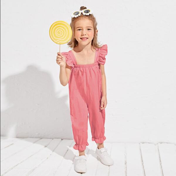 

Toddler Girls Ruffle Trim Patch Pocket Jumpsuit, Dusty pink