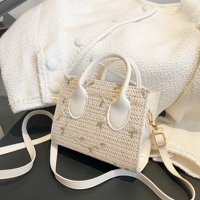 

Flower Embroidered Straw Bag, Beige