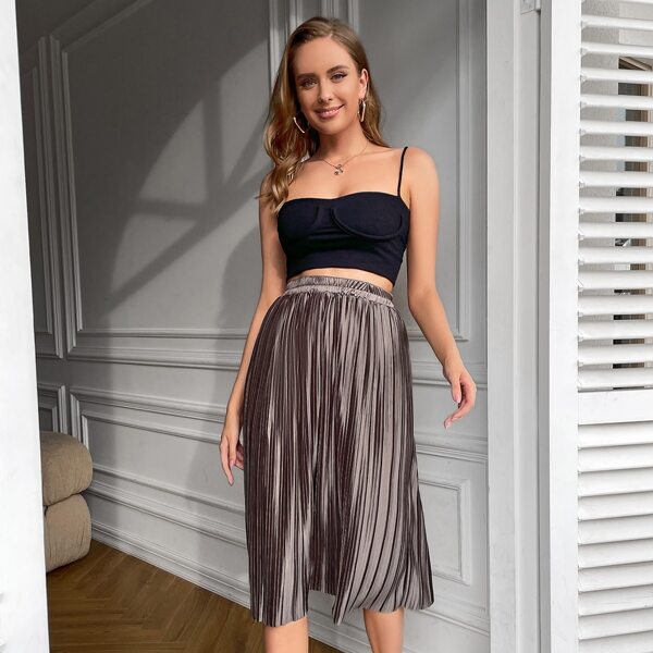 

High Waist Pleated Skirt, Dark grey