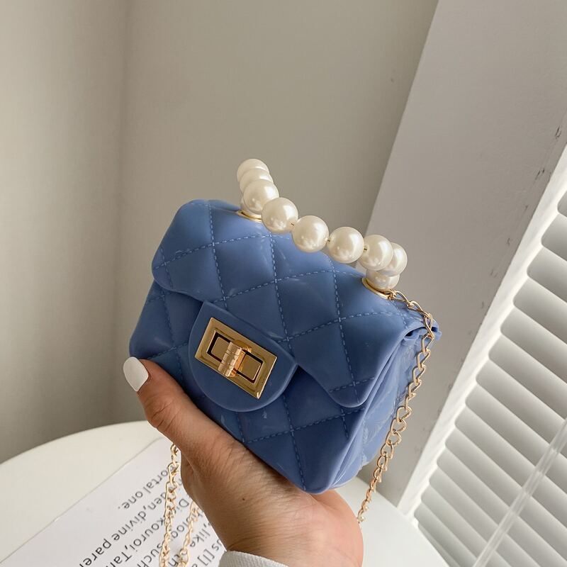 

Mini Faux Pearl Handle Quilted Satchel Bag, Blue