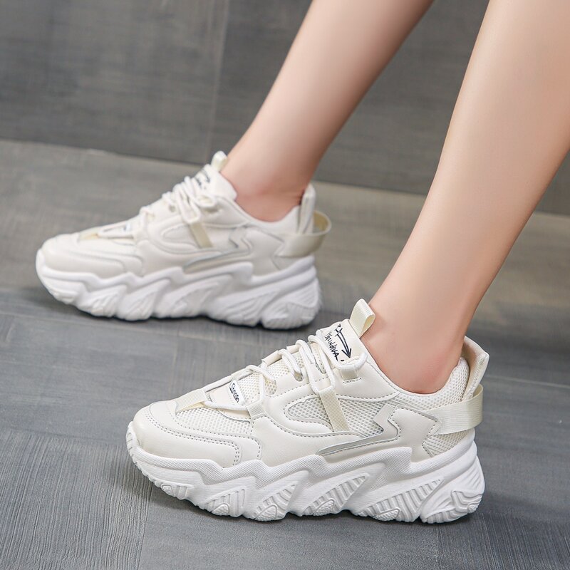 

Lace-up Mesh Chunky Sneakers, Beige