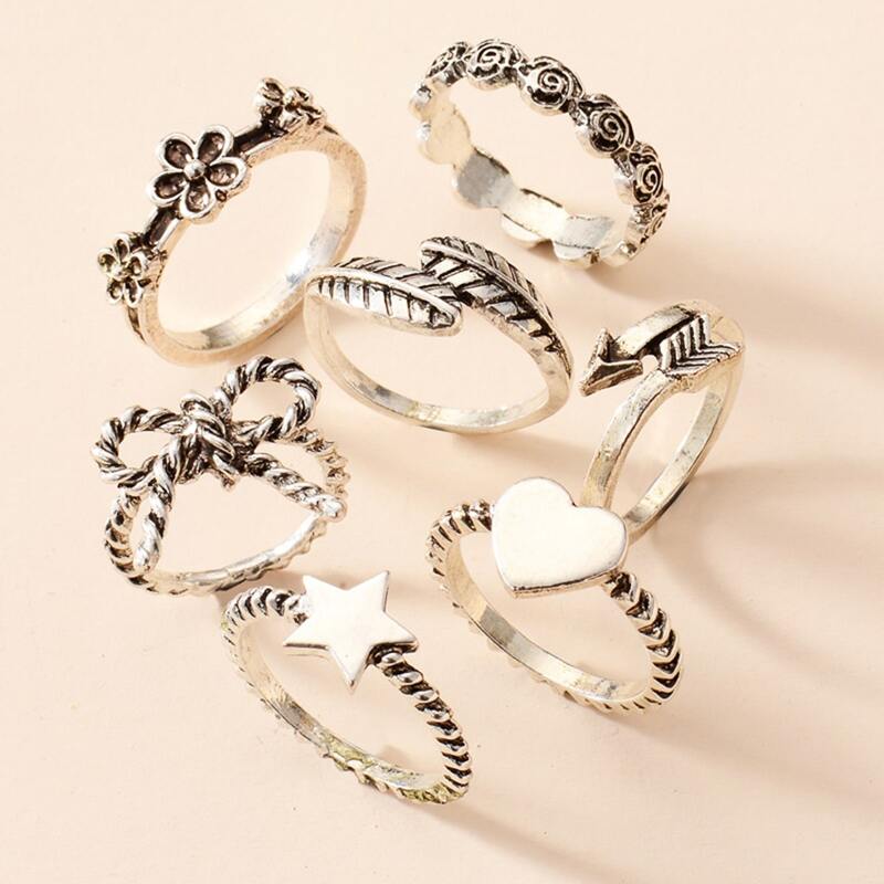 

7pcs Heart Decor Ring, Silver