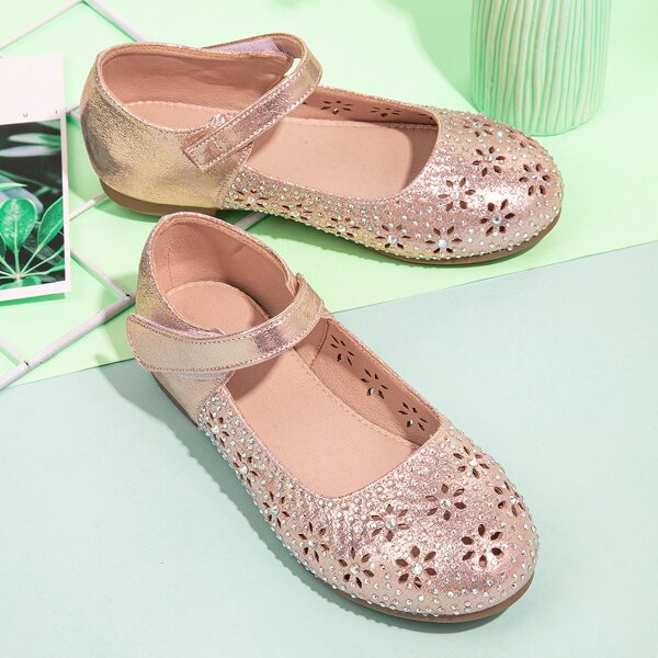 

Girls Rhinestone Decor Hollow Out Flats, Champagne