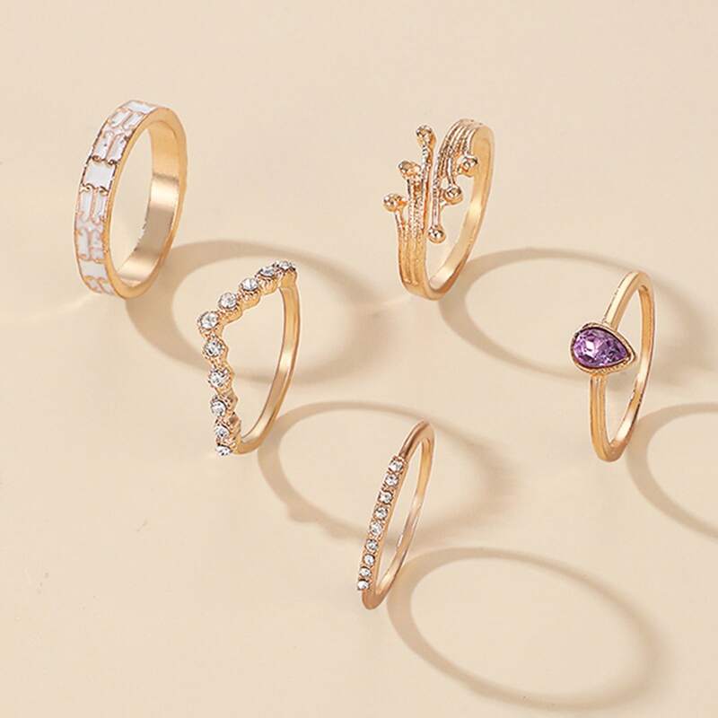 

5pcs Rhinestone Decor Ring, Gold