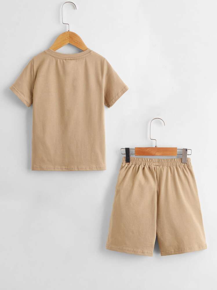 SHEIN Toddler Boys Cotton Drop Shoulder Solid Top & Track Shorts Set - Khaki - View 2
