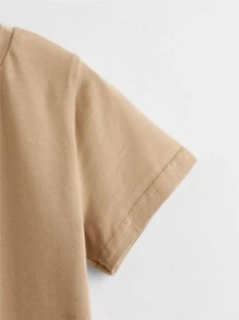 SHEIN Toddler Boys Cotton Drop Shoulder Solid Top & Track Shorts Set - Khaki - View 3