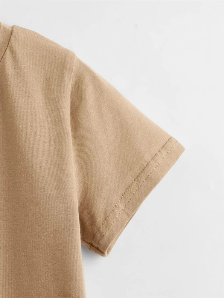 SHEIN Toddler Boys Cotton Drop Shoulder Solid Top & Track Shorts Set - Khaki - View 3