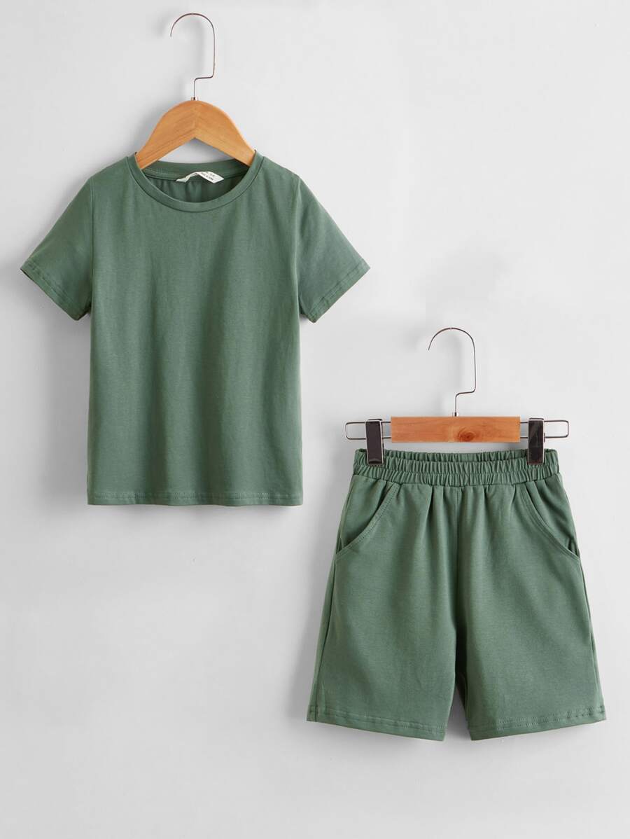 SHEIN Toddler Boys Cotton Drop Shoulder Solid Top & Track Shorts Set - Green - View 1