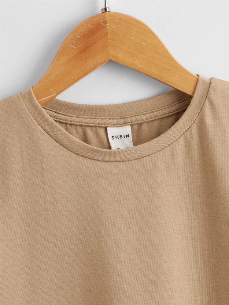 SHEIN Toddler Boys Cotton Drop Shoulder Solid Top & Track Shorts Set - Khaki - View 4