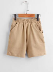 SHEIN Toddler Boys Cotton Drop Shoulder Solid Top & Track Shorts Set - Khaki - View 5