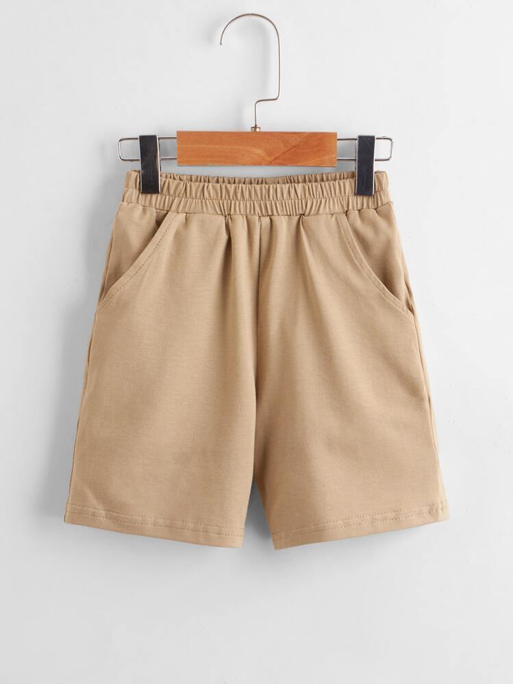 SHEIN Toddler Boys Cotton Drop Shoulder Solid Top & Track Shorts Set - Khaki - View 5