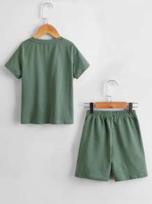 SHEIN Toddler Boys Cotton Drop Shoulder Solid Top & Track Shorts Set - Green - View 2