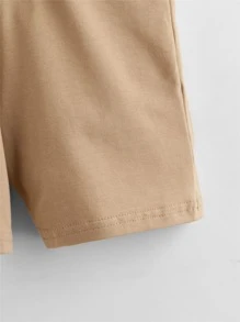 SHEIN Toddler Boys Cotton Drop Shoulder Solid Top & Track Shorts Set - Khaki - View 7