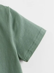 SHEIN Toddler Boys Cotton Drop Shoulder Solid Top & Track Shorts Set - Green - View 5