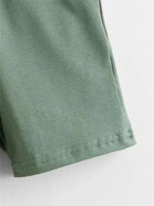 SHEIN Toddler Boys Cotton Drop Shoulder Solid Top & Track Shorts Set - Green - View 6