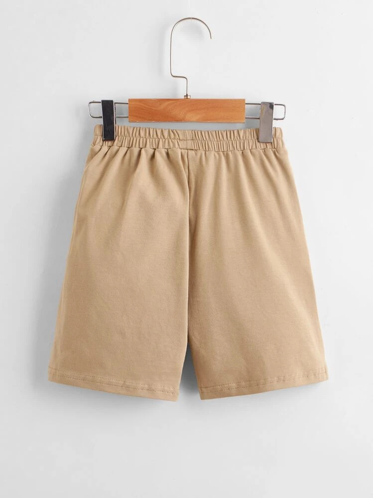 SHEIN Toddler Boys Cotton Drop Shoulder Solid Top & Track Shorts Set - Khaki - View 9