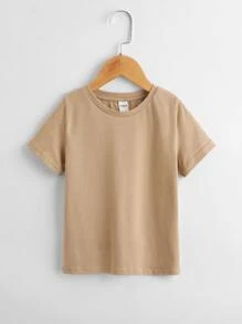 SHEIN Toddler Boys Cotton Drop Shoulder Solid Top & Track Shorts Set - Khaki - View 10