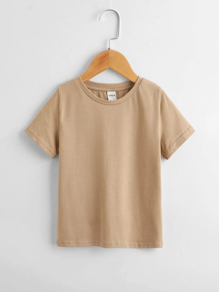 SHEIN Toddler Boys Cotton Drop Shoulder Solid Top & Track Shorts Set - Khaki - View 10