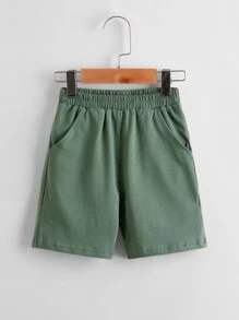 SHEIN Toddler Boys Cotton Drop Shoulder Solid Top & Track Shorts Set - Green - View 10