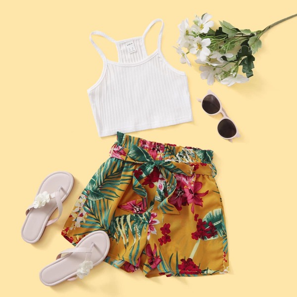 

Girls Rib-knit Cami Top & Paperbag Waist Belted Tropical Shorts Set, Multicolor