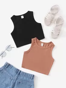 SHEIN 2 paquetes de Parte superior de punto acanalado para niña preadolescente - Multicolor - Ver 1