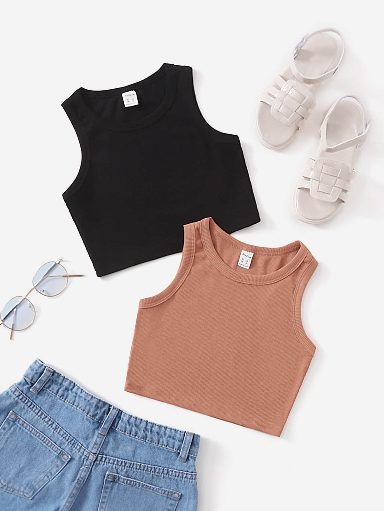 SHEIN 2 paquetes de Parte superior de punto acanalado para niña preadolescente - Multicolor - Ver 1