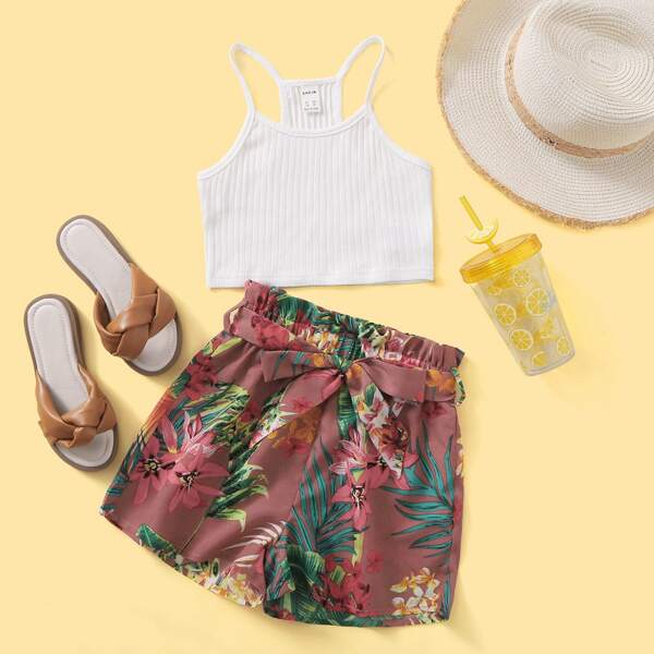 

Girls Rib-knit Cami Top & Paperbag Waist Belted Tropical Shorts Set, Multicolor