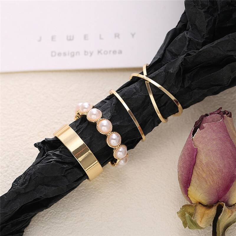 

4pcs Faux Pearl Ring, Gold