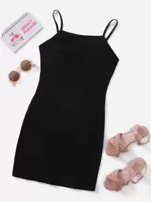 SHEIN Vestido de niñas adolescentes ajustado unicolor tejido de canalé de niñas adolescentes - Negro - Ver 1