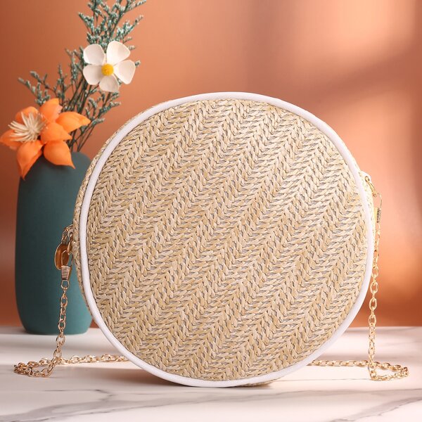 

Contrast Binding Chain Circle Bag, Beige