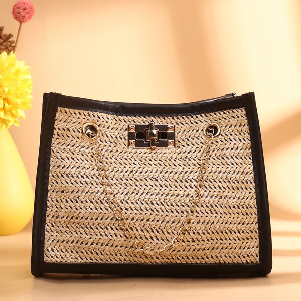 

Straw Chain Shoulder Bag, Beige