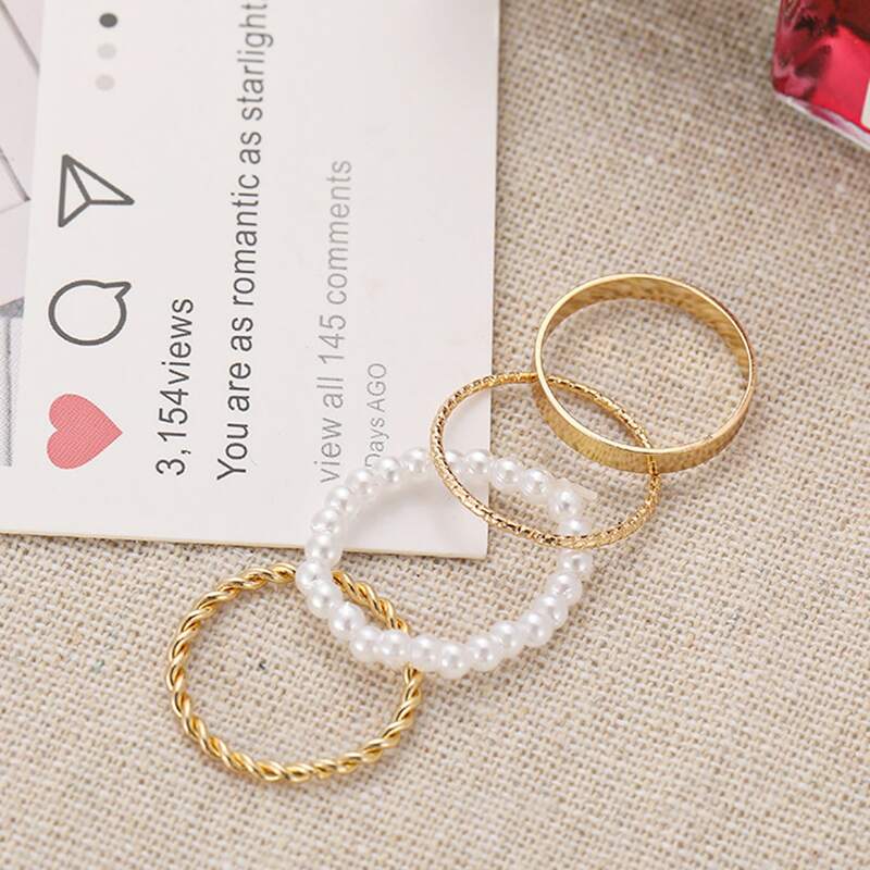 

4pcs Faux Pearl Ring, Gold