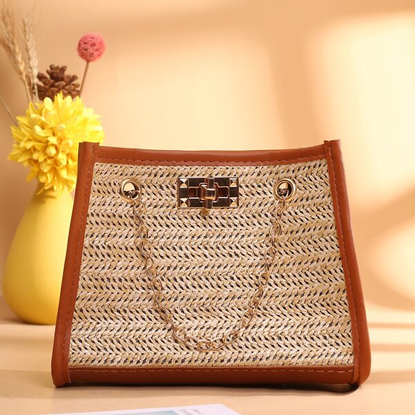 

Straw Chain Shoulder Bag, Beige