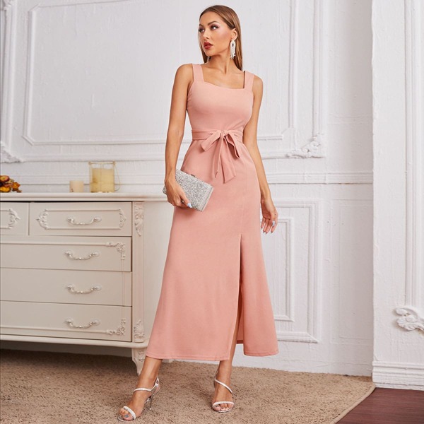 

Solid Split Thigh Belted Dress, Coral pink