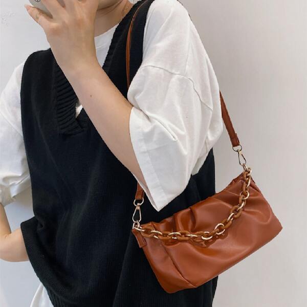 

Ruched Chain Satchel Bag, Brown