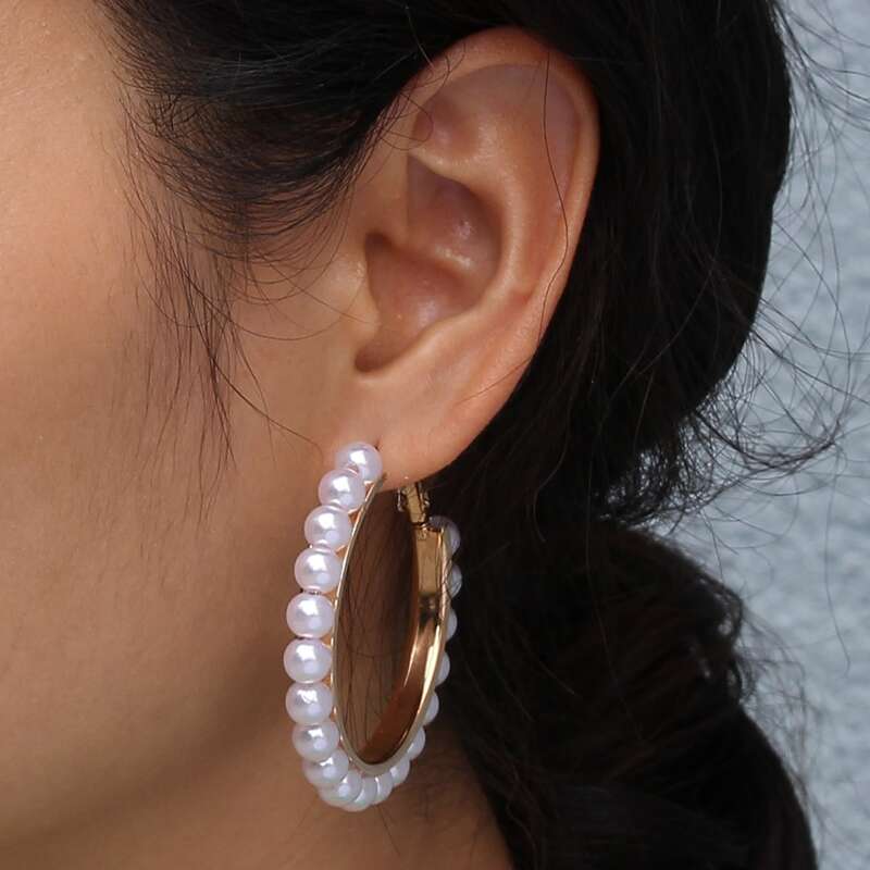 

Faux Pearl Beaded Hoop Earrings, White