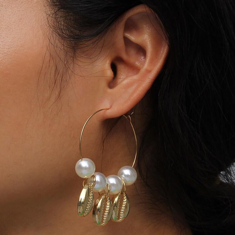 

Faux Pearl & Shell Decor Hoop Earrings, Gold