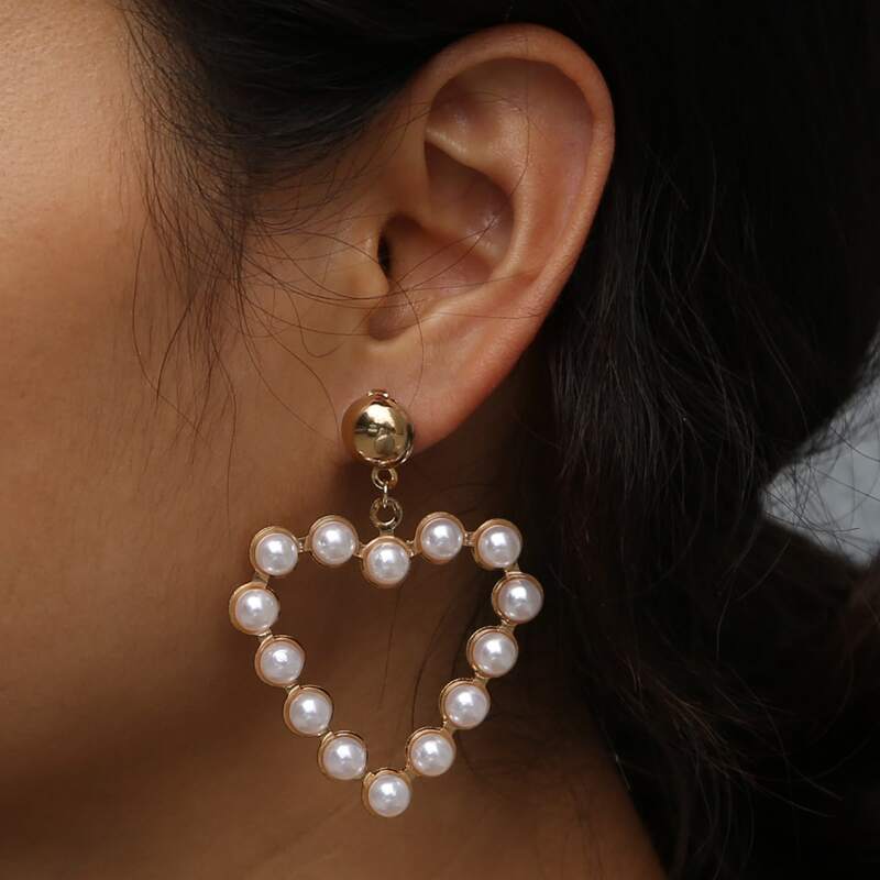 

Faux Pearl Decor Heart Drop Earrings, White