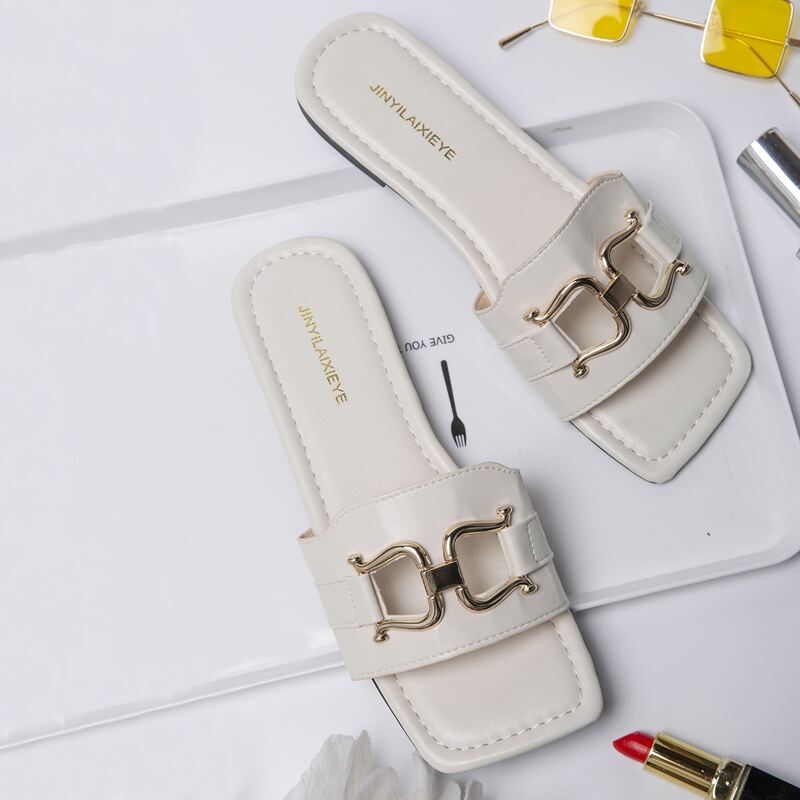 

Metal Decor Cut Out Slide Sandals, Beige