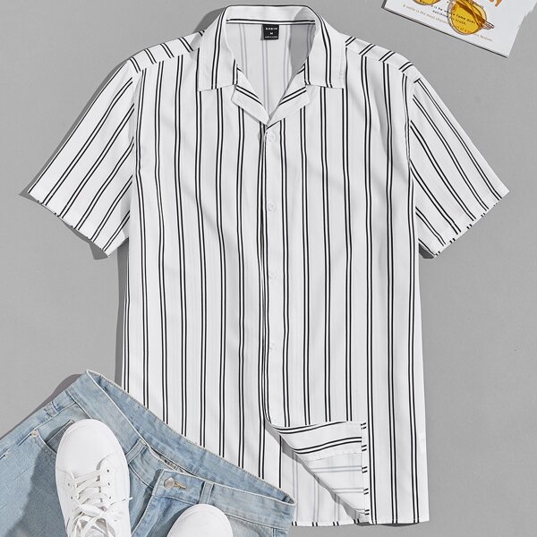 

Men Lapel Collar Striped Shirt, White